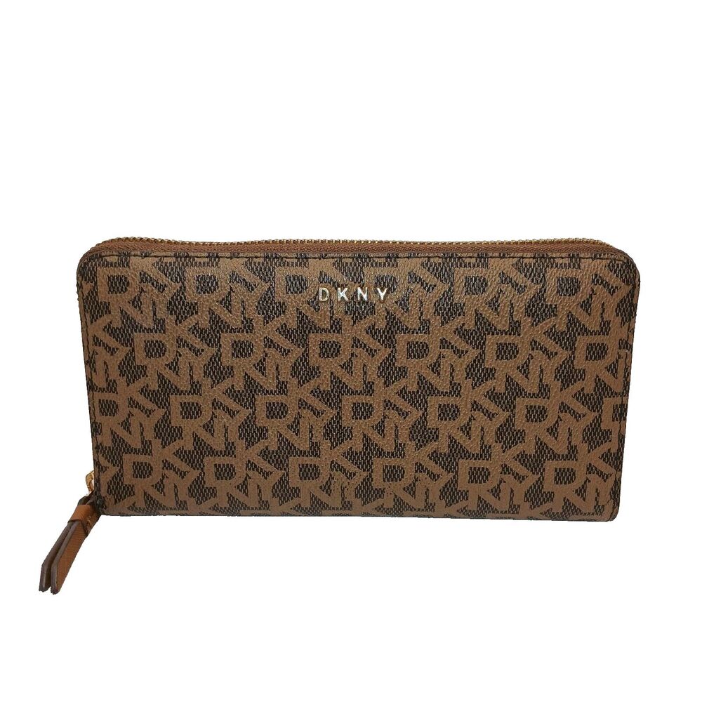DKNY Donna Karan Logo Patterned Wristlet Purse Brown Small Zip Around Clutch